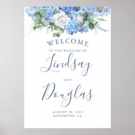 Floral Greenery Dusty Blue Wedding Welcome Sign Poster