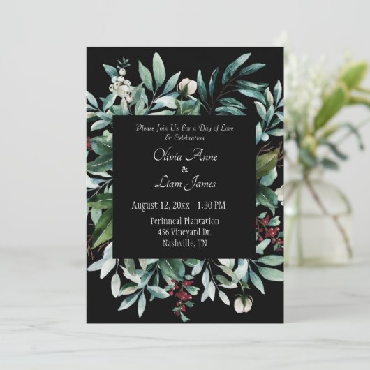 Floral Greenery Elegant Chic Script Name Wedding Kaart (Staand voorkant)