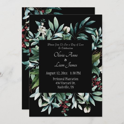 Floral Greenery Elegant Chic Script Name Wedding Kaart (Voorkant / Achterkant)