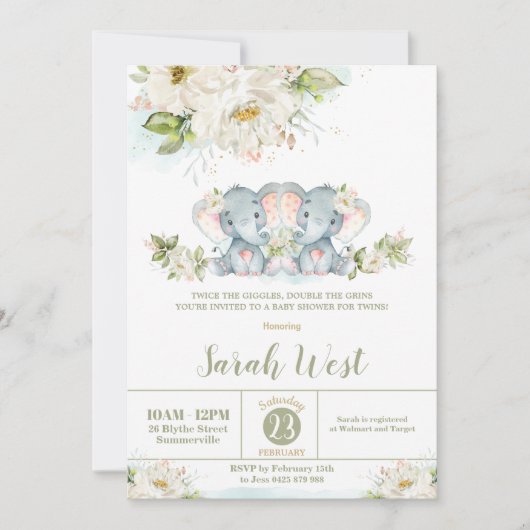 Floral Greenery Elephant Twin Girls Baby shower  Kaart (Voorkant)