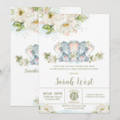 Floral Greenery Elephant Twin Girls Baby shower  Kaart (Voorkant / Achterkant)