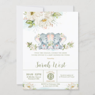 Floral Greenery Elephant Twin Girls Baby shower  Kaart