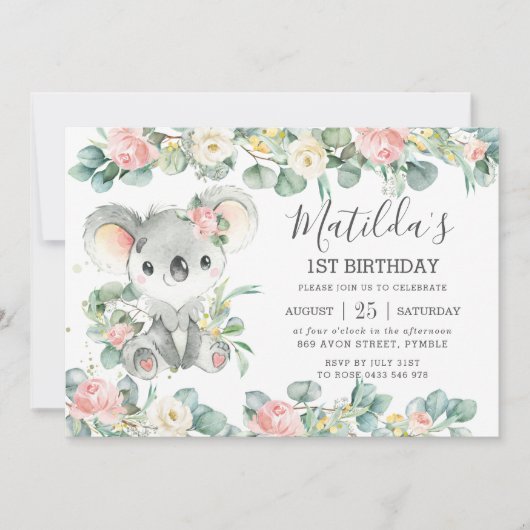 Floral Greenery Eucalyptus Cute Koala Birthday Kaart (Voorkant)
