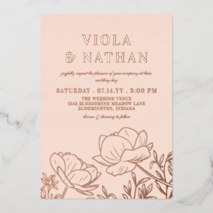 Floral Greenery Line Art Blush & Roos Gold Wedding Folie Uitnodiging
