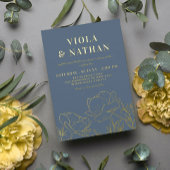 Floral Greenery Line Art Slate Blue & Gold Wedding Folie Uitnodiging
