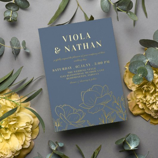 Floral Greenery Line Art Slate Blue & Gold Wedding Folie Uitnodiging