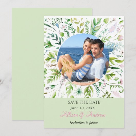 Floral Greenery Photo Save the Date (Voorkant / Achterkant)