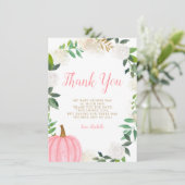 Floral Greenery Pink Pumpkin Herfst Girl Baby show Bedankkaart (Staand voorkant)