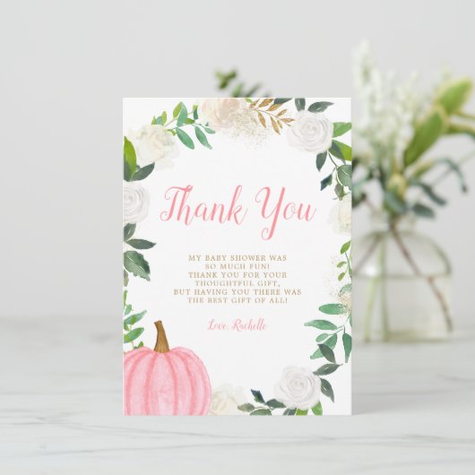Floral Greenery Pink Pumpkin Herfst Girl Baby show Bedankkaart (Staand voorkant)