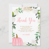 Floral Greenery Pink Pumpkin Herfst Girl Baby show Bedankkaart (Voorkant)