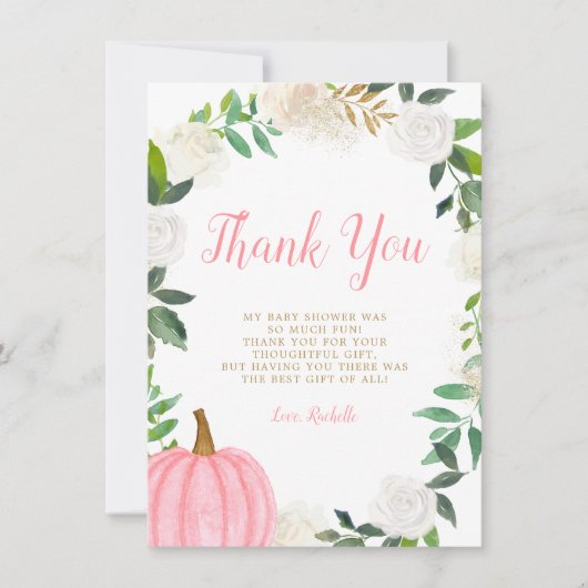 Floral Greenery Pink Pumpkin Herfst Girl Baby show Bedankkaart (Voorkant)