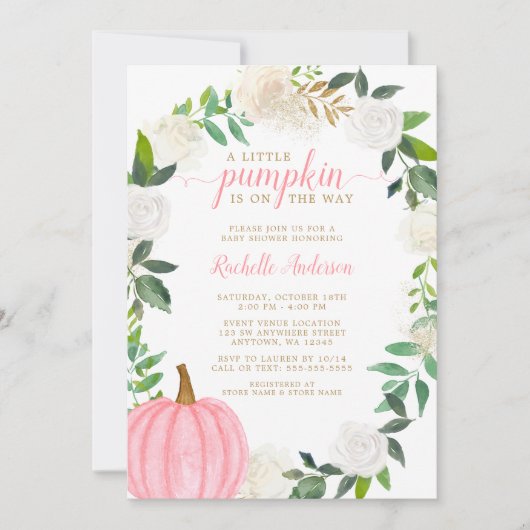 Floral Greenery Pink Pumpkin Herfst Girl Baby show Kaart (Voorkant)
