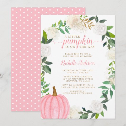 Floral Greenery Pink Pumpkin Herfst Girl Baby show Kaart (Voorkant / Achterkant)