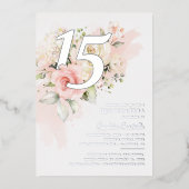 Floral Greenery Quinceanera 15th Birthday Silver Folie Uitnodiging (Voorkant)