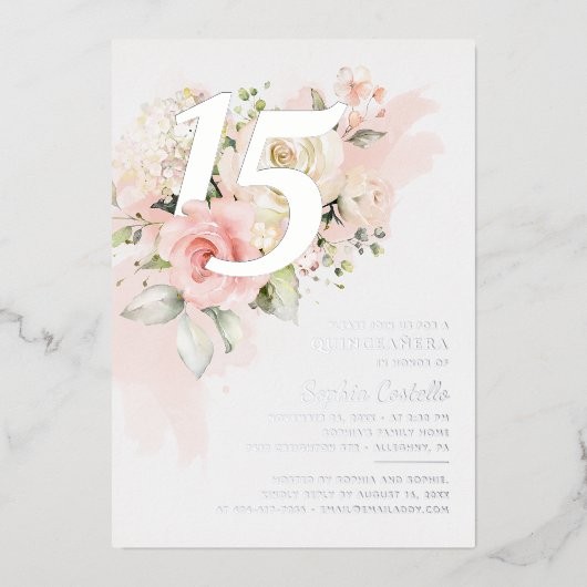 Floral Greenery Quinceanera 15th Birthday Silver Folie Uitnodiging (Voorkant)