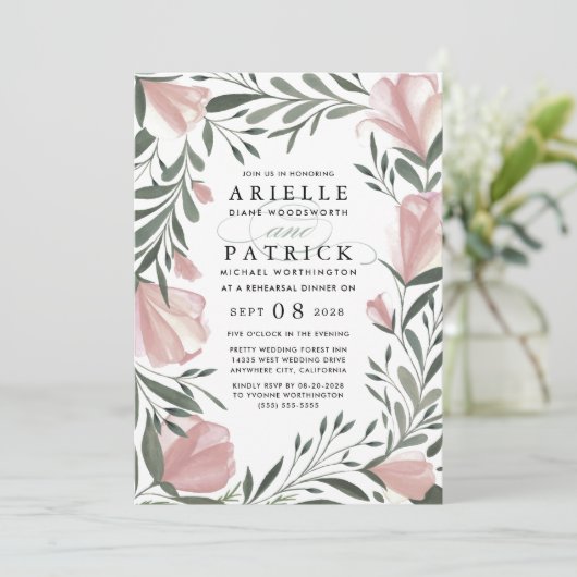 Floral Greenery Rehearsal Dinner Invitations Kaart (Staand voorkant)
