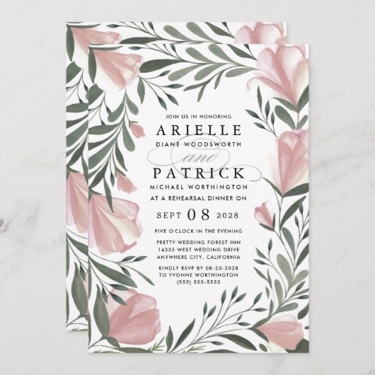 Floral Greenery Rehearsal Dinner Invitations Kaart (Voorkant / Achterkant)