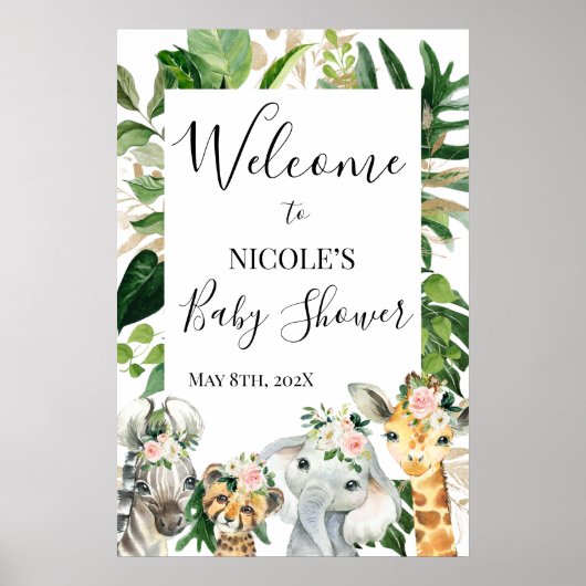 Floral Greenery Safari Baby shower Welkom Poster (Voorkant)