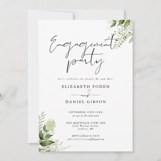 Floral Greenery Script Foto Engagement Party Kaart (Voorkant)