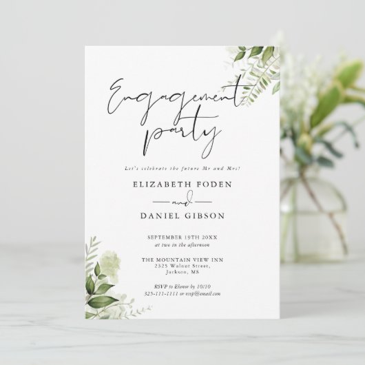 Floral Greenery Script Foto Engagement Party Kaart (Staand voorkant)