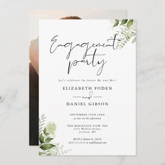 Floral Greenery Script Foto Engagement Party Kaart (Voorkant / Achterkant)
