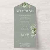 Floral Greenery Typografie Sage Green Wedding All In One Uitnodiging (Binnen)