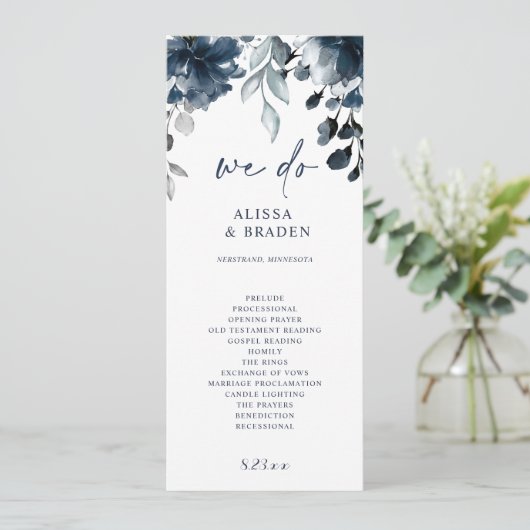 Floral Greenery van de Navy Blue Wedding-programma Programmakaart (Staand voorkant)