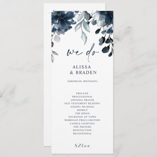 Floral Greenery van de Navy Blue Wedding-programma Programmakaart (Voorkant / Achterkant)