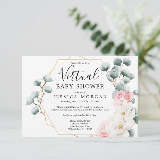 Floral Greenery Virtual Baby shower Invitation Kaart (Staand voorkant)