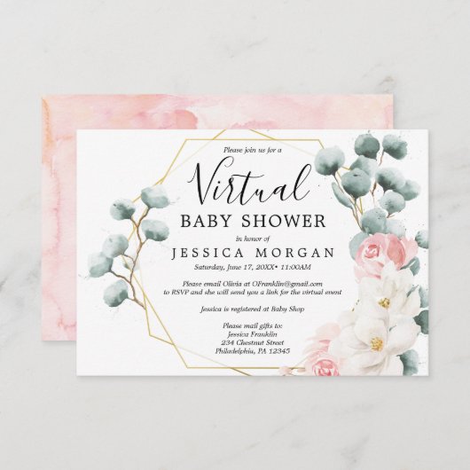Floral Greenery Virtual Baby shower Invitation Kaart (Voorkant / Achterkant)