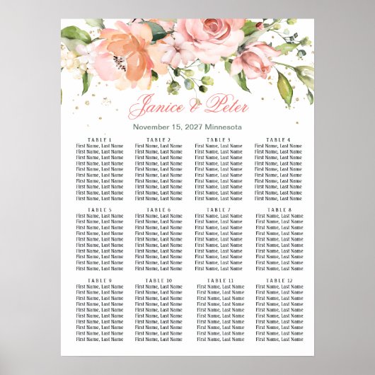 Floral, greenery Wedding 12 Tables Seating Chart Poster (Voorkant)