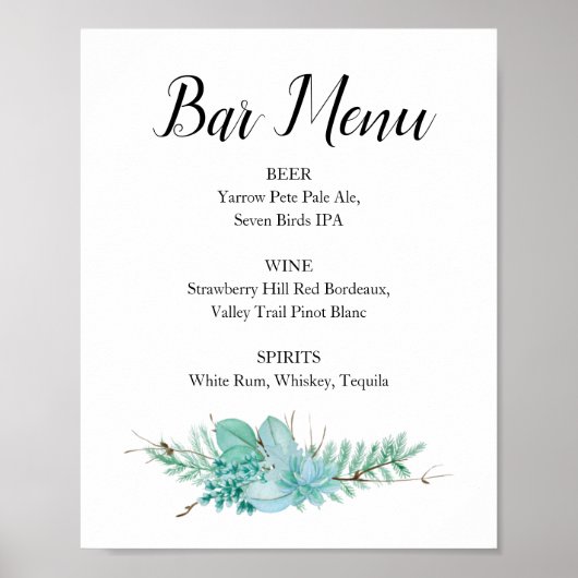 Floral Greenery Wedding Bar Menu Drink Sign Poster (Voorkant)