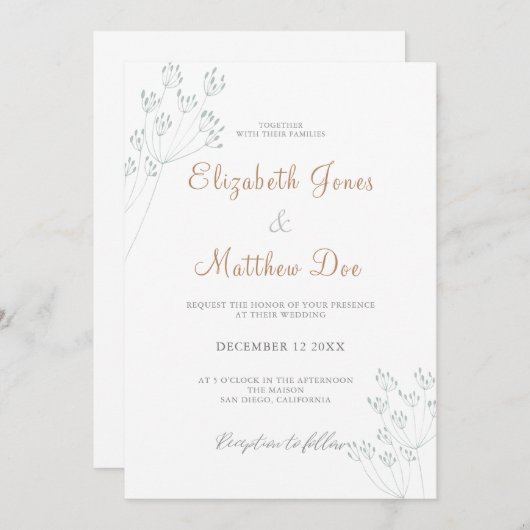 Floral Greenery Wedding Invitation Kaart (Voorkant / Achterkant)