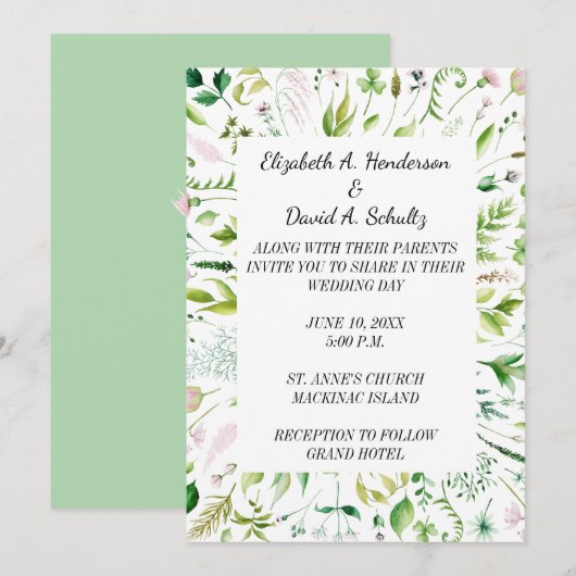 Floral Greenery Wedding Invitation Kaart (Voorkant / Achterkant)