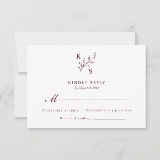 Floral Greenery Wedding Monogram Minimalistisch RSVP Kaartje (Voorkant)