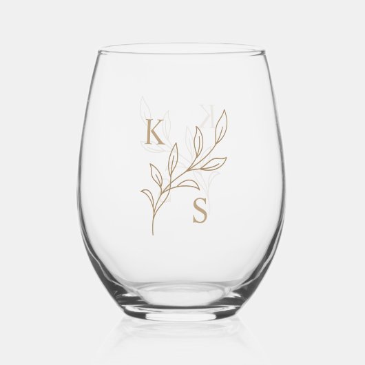 Floral Greenery Wedding Monogram Minimalistisch Wijnglas Zonder Voet (Achterkant)