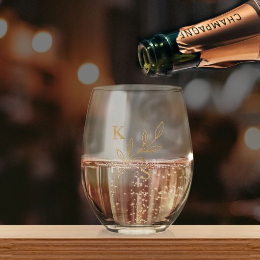 Floral Greenery Wedding Monogram Minimalistisch Wijnglas Zonder Voet
