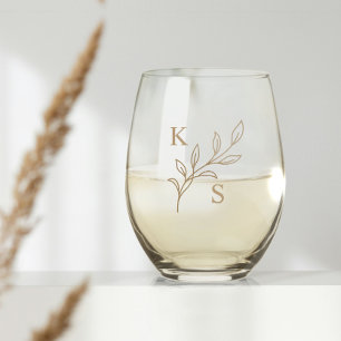 Floral Greenery Wedding Monogram Minimalistisch Wijnglas Zonder Voet