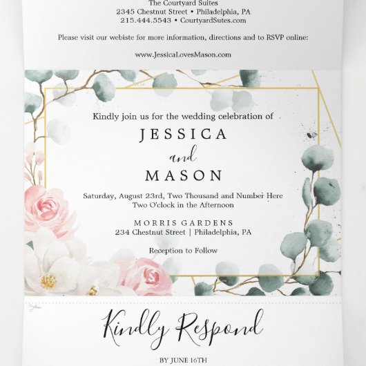 Floral Greenery Wedding Tri-Fold Uitnodigingen (Binnenkant midden)