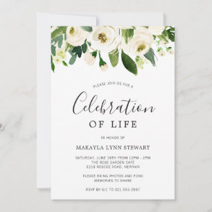 Floral Greenery White Roses Celebration of Life Kaart