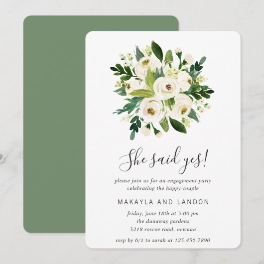 Floral Greenery White Roses Engagement Party Kaart (Voorkant / Achterkant)