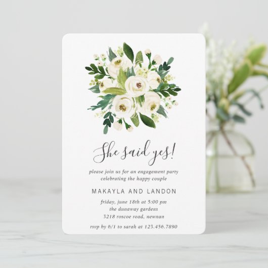 Floral Greenery White Roses Engagement Party Kaart (Staand voorkant)