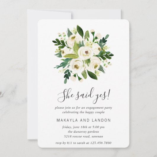 Floral Greenery White Roses Engagement Party Kaart (Voorkant)
