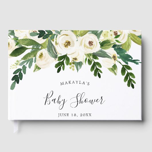 Floral Greenery White Roses Girl Baby shower Gastenboek (Voorkant)