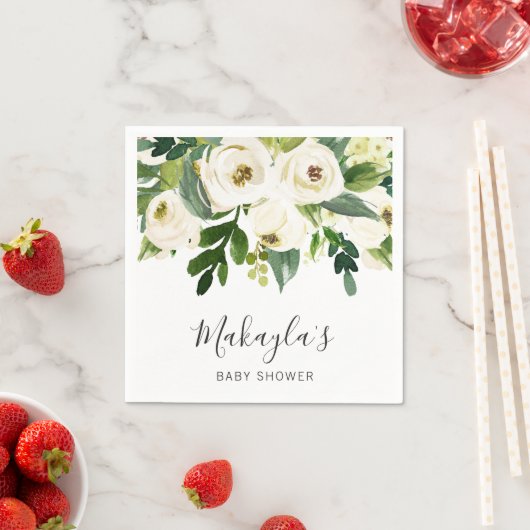 Floral Greenery White Roses Girl Baby shower Servet (Insitu)