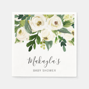 Floral Greenery White Roses Girl Baby shower Servet