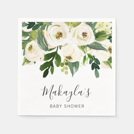 Floral Greenery White Roses Girl Baby shower Servet (Voorkant)