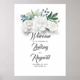 Floral Greenery White Wedding Welcome Sign Poster