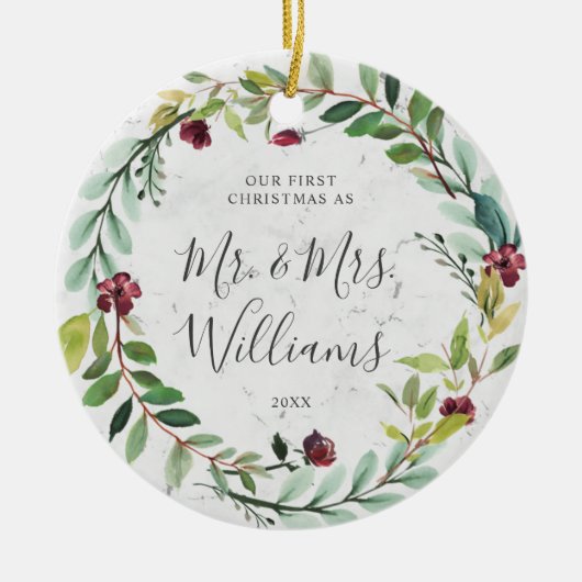 Floral Greenery Wreath Marble Ons eerste kerstfees Keramisch Ornament (Voorkant)