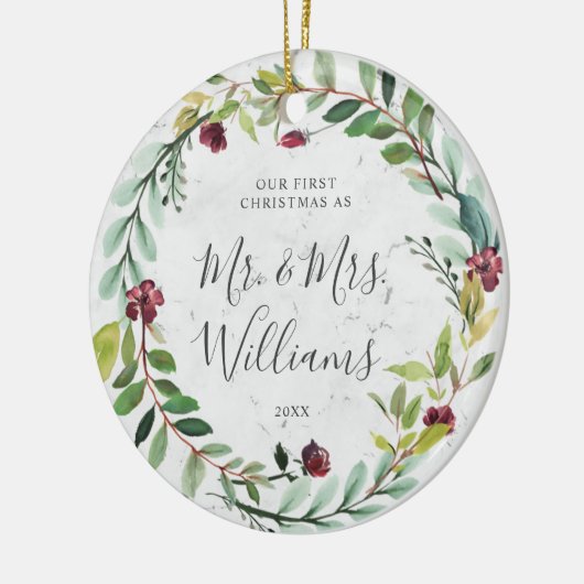 Floral Greenery Wreath Marble Ons eerste kerstfees Keramisch Ornament (Links)